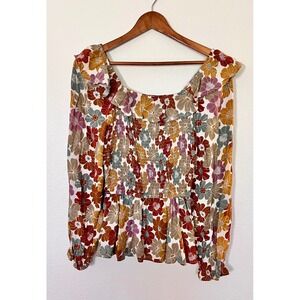 Hayden LA Floral Smocked Peplum Blouse NWT Boho Long Sleeve Top Small
